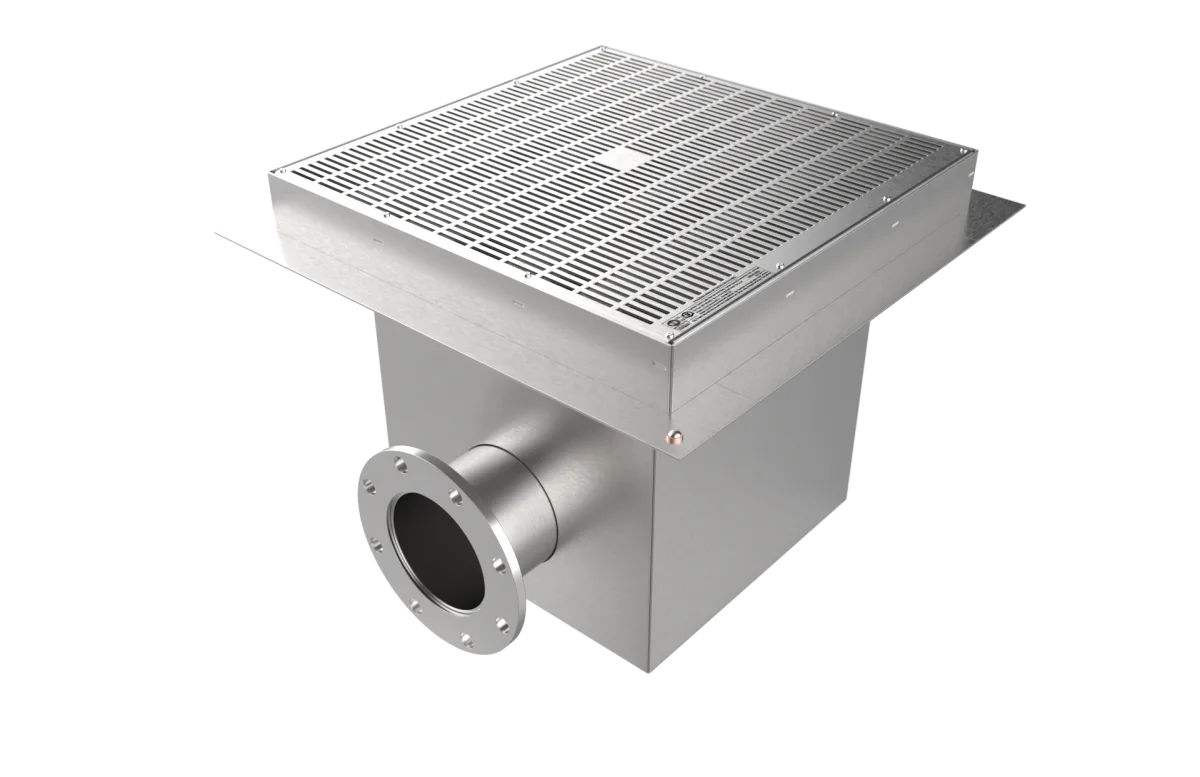 Paddock 316L stainless steel main drain sump with flanged outlet and slotted grate